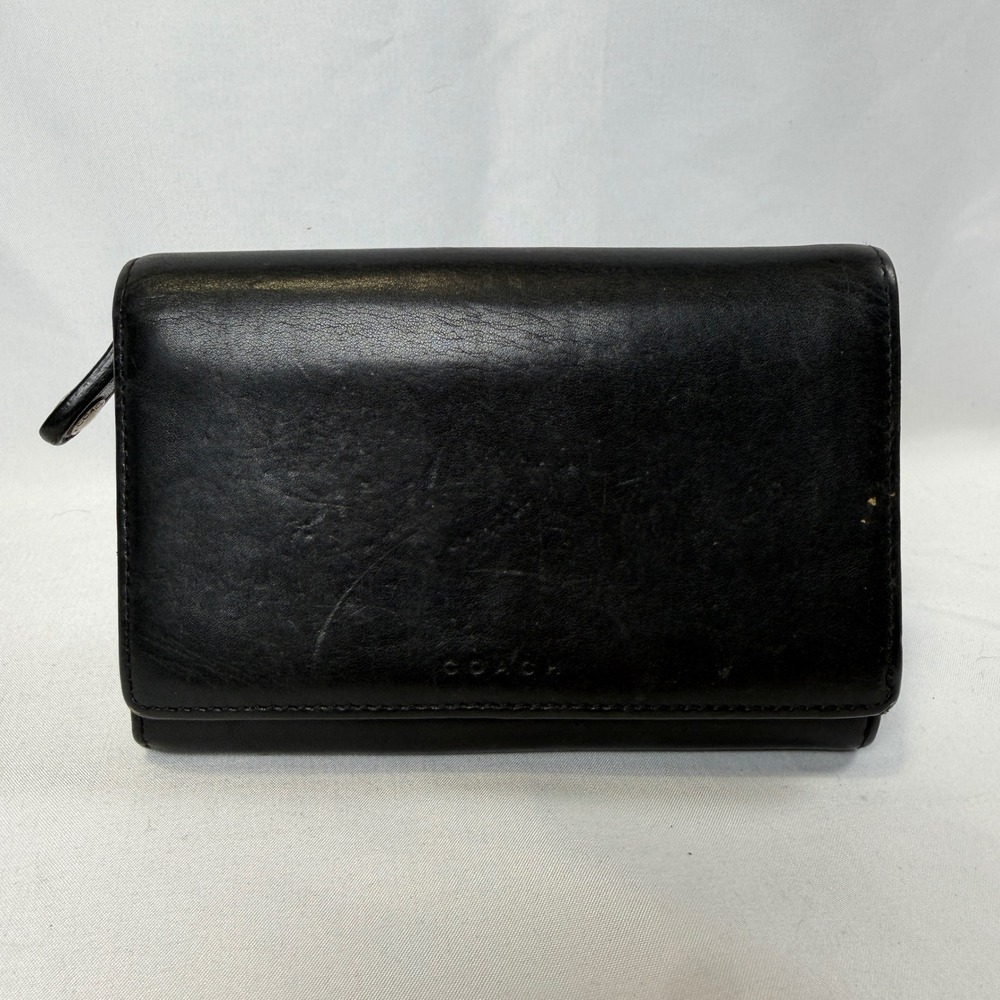 Coach Wallet Womens Small Black Leather Zip Around Trifold Compact Organizer